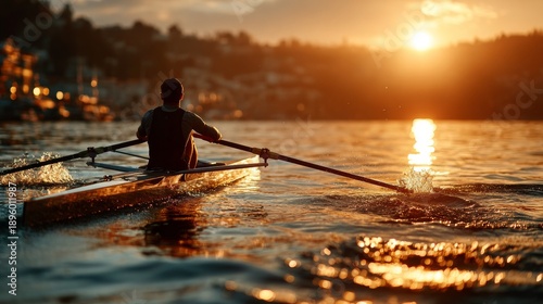 A rower at peak effort strokes through a peaceful water scene