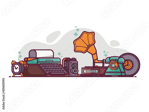 Vintage retro technology collection with typewriter gramophone rotary phone old camera vinyl record and alarm clock on white background