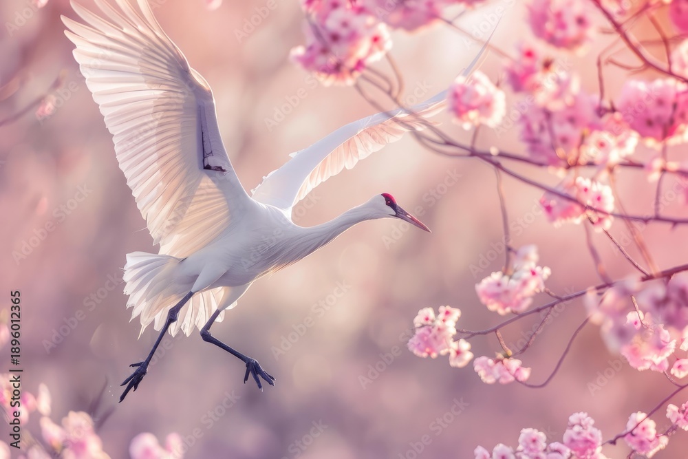 Fototapeta premium Majestic white crane flying near beautiful pink cherry blossoms in spring