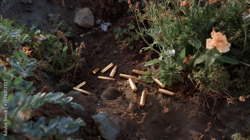 Fototapeta premium An outdoor landscape shows spent cartridges partially buried in dirt, symbolizing the intersection of outdoor sports, nature conservation, and the responsibilities of gun users in protecting the