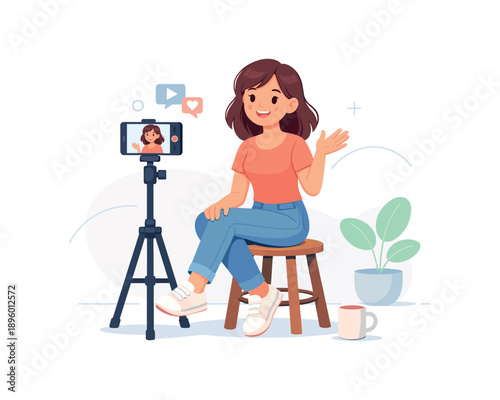 Woman recording video on smartphone with tripod, flat vector illustration