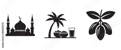 Ramadan Silhouette Icons: Mosque, Palm Tree, Dates, and Water – Symbolizing Prayer, Fasting, and Traditional Rituals