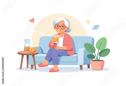 Elderly woman relaxing with juice on couch, flat vector illustration