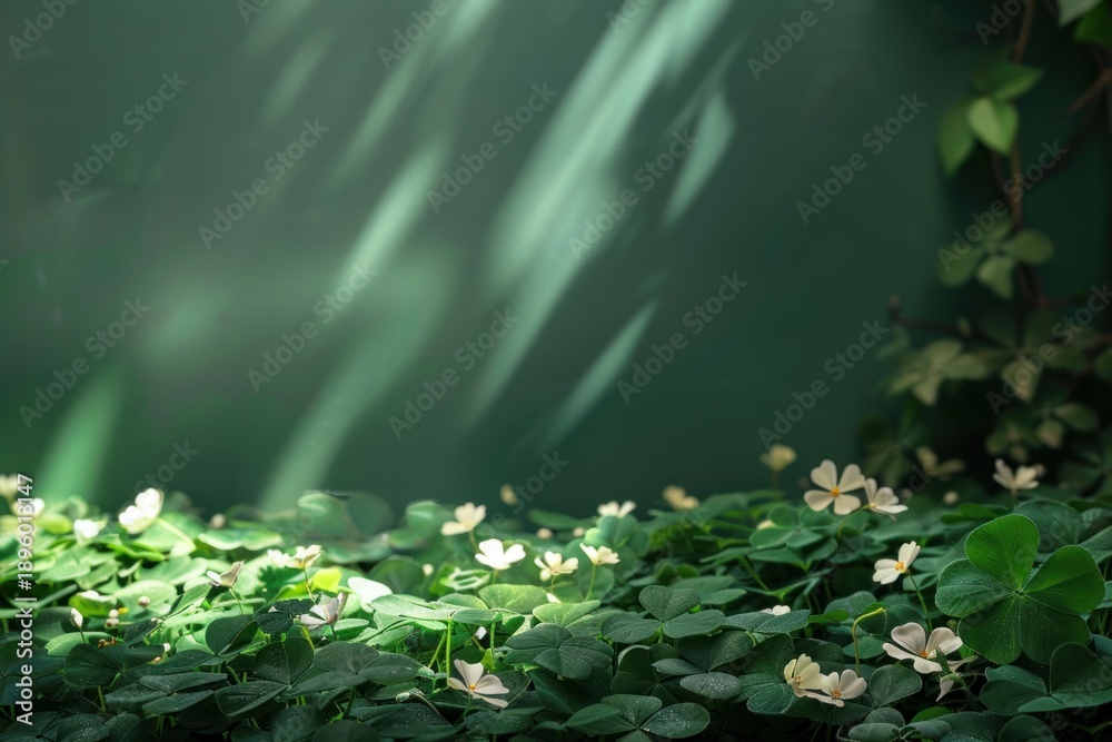 Fototapeta premium Sunbeams illuminating a field of blooming clover with green leaves and small white flowers on a blurred green background