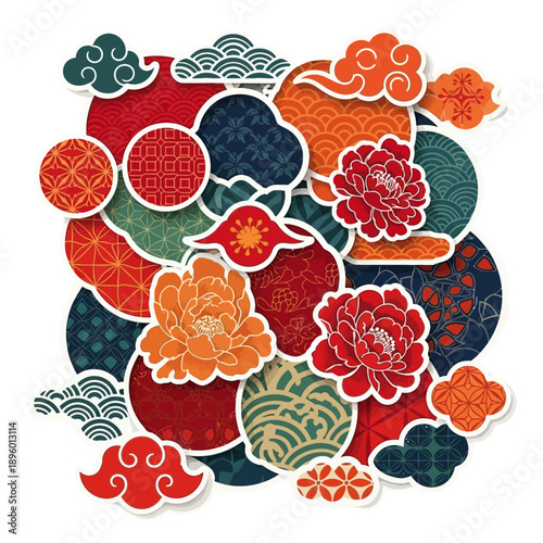 A vibrant collage of traditional Asian patterns, auspicious clouds, and peony flowers in a festive design.