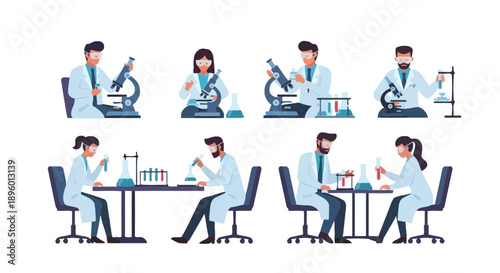 Scientists conducting experiments in a laboratory setting from various viewpoints