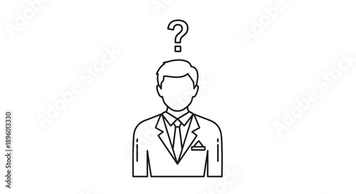 A businessman with a puzzled expression is viewed from the front with a question mark above his head
