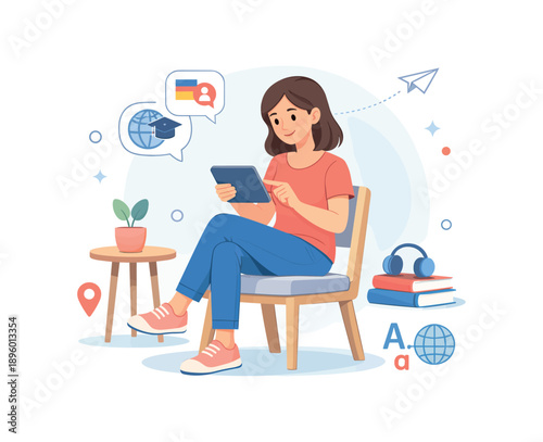 Woman learning online with tablet and books, flat vector illustration