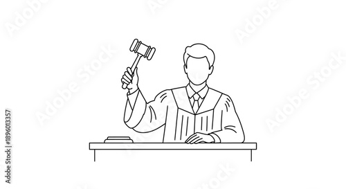 Judge holding gavel in courtroom, illustration of justice being served from judge's viewpoint