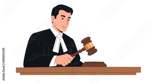 A judge in a courtroom holds a gavel in his right hand, seated at a wooden desk, illustrated from a frontal viewpoint.