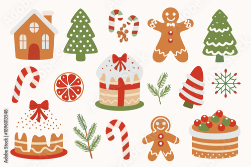 Festive christmas illustrations featuring gingerbread sweets and winter greenery
