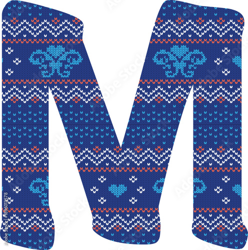Yarn pattern letters in upper “M” of English alphabet on white background