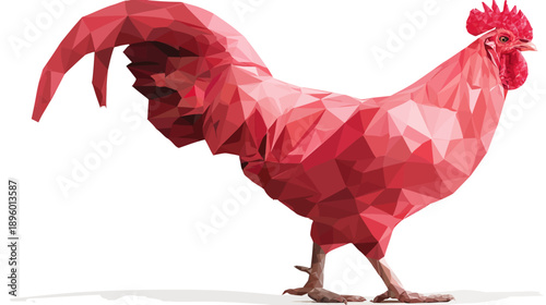 A stylized crimson rooster illustration in a polygonal art style. White background