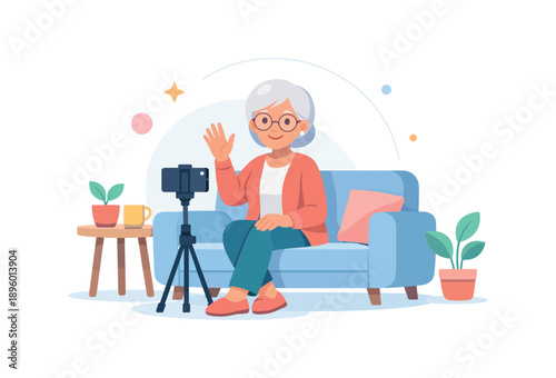 Elderly woman video calling on couch with smartphone, flat vector illustration