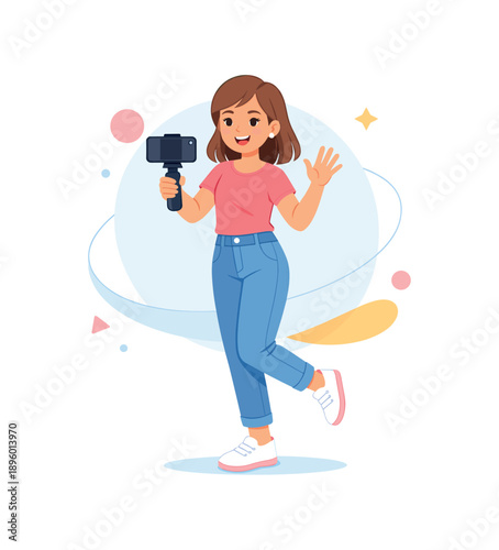 Girl with camera on tripod waving, flat vector illustration
