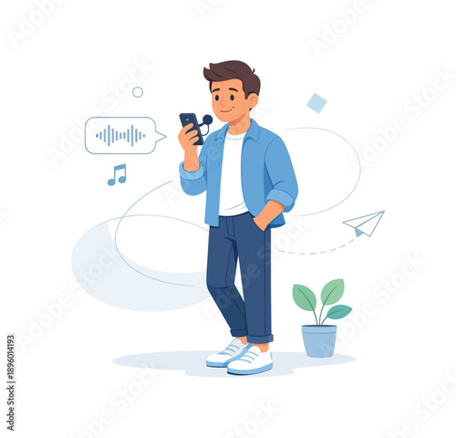 Man listening to music on phone while standing, flat vector illustration
