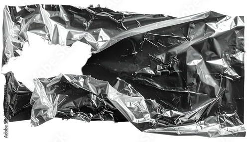 Close-up of crumpled silver material with a large hole. Reflections add depth. Abstract form, metallic texture, and dark void