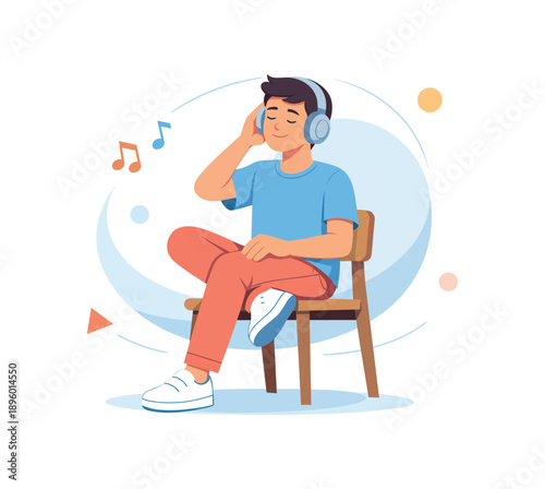 Young man listening to music on headphones, flat vector illustration
