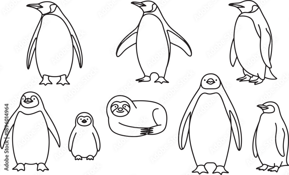 Obraz premium penguins and a sloth Simple outline drawing line art
