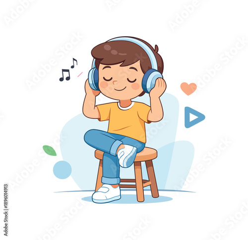 Boy listening to music with headphones while sitting on a stool, flat vector illustration