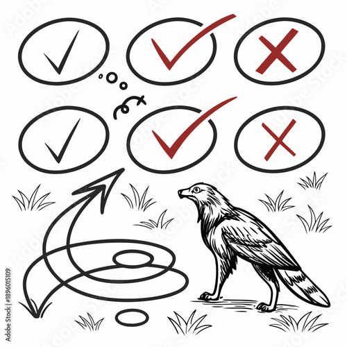 A pensive eagle contemplates choices, marked by checks and crosses, illustrating complex decision-making.