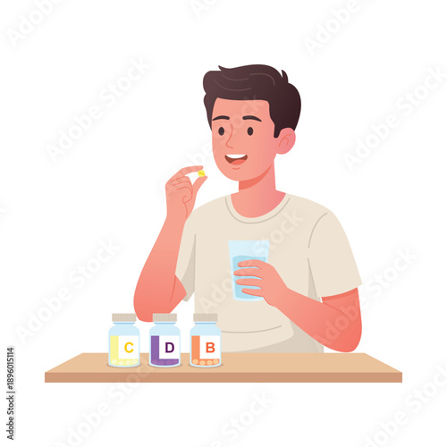 A Man Taking Daily Vitamins and Supplements Illustration