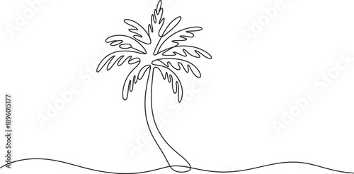Continuous single line drawing of palm tree, minimalist tropical nature outline vector illustration on white background