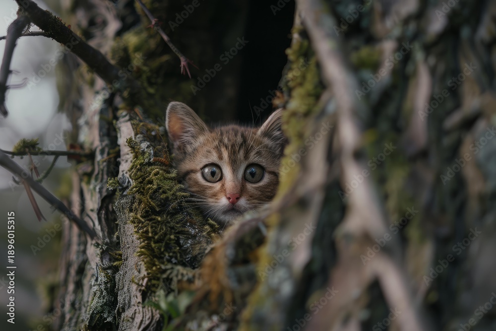 Naklejka premium Small kitten peeking out from its hiding spot in a tree hollow, surrounded by moss and branches