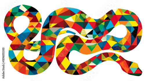 A vibrant, geometric illustration of a snake composed of colorful triangular shapes on a white background