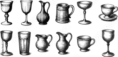 Vintage Drinkware Engraving Sketch Set – Hand Drawn Cups, Pitchers and Goblets in Black Ink.