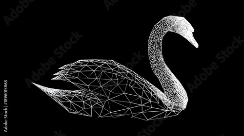 A white geometric swan against a black background. Its body is composed of triangles