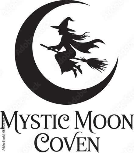 witch flying on her broomstick in front of a crescent moon, representing the mystic mystical moon coven