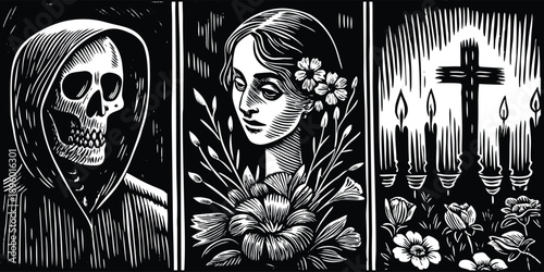 Gothic triptych art featuring hooded skull woman with flowers and burning candles