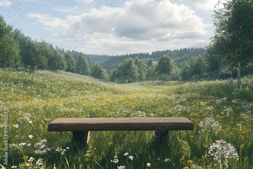Serene wooden bench amidst a blooming meadow in a tranquil forest setting