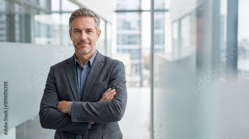 Corporate portrait of confident European professional businessman standing with crossed arms in modern office interior, successful male executive leadership concept