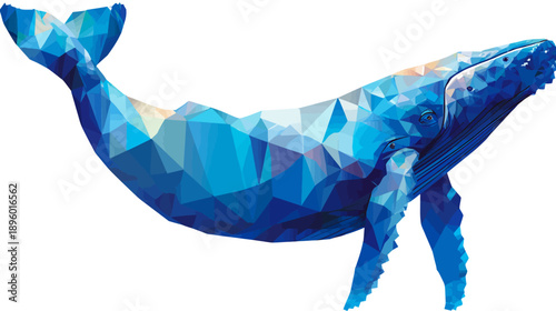 A majestic whale rendered in geometric shapes with shades of blue on a white background