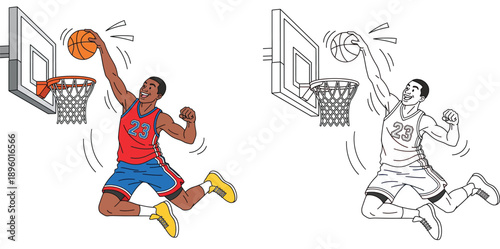 Dynamic cartoon basketball player dunking the ball into the hoop. Vector illustration set featuring a colored version and a black and white outline for coloring book pages.