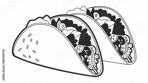 Two monochrome tacos with detailed fillings and toppings in a simple line drawing style isolated on transparent background silhouette