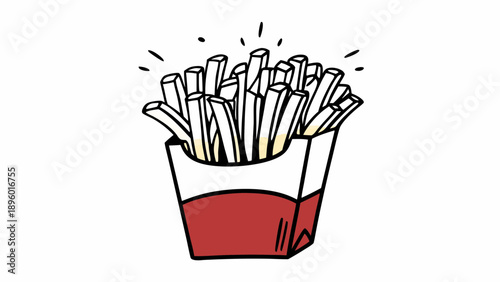 Illustration of a container filled with french fries radiating small light rays on a white background on transparent background silhouette