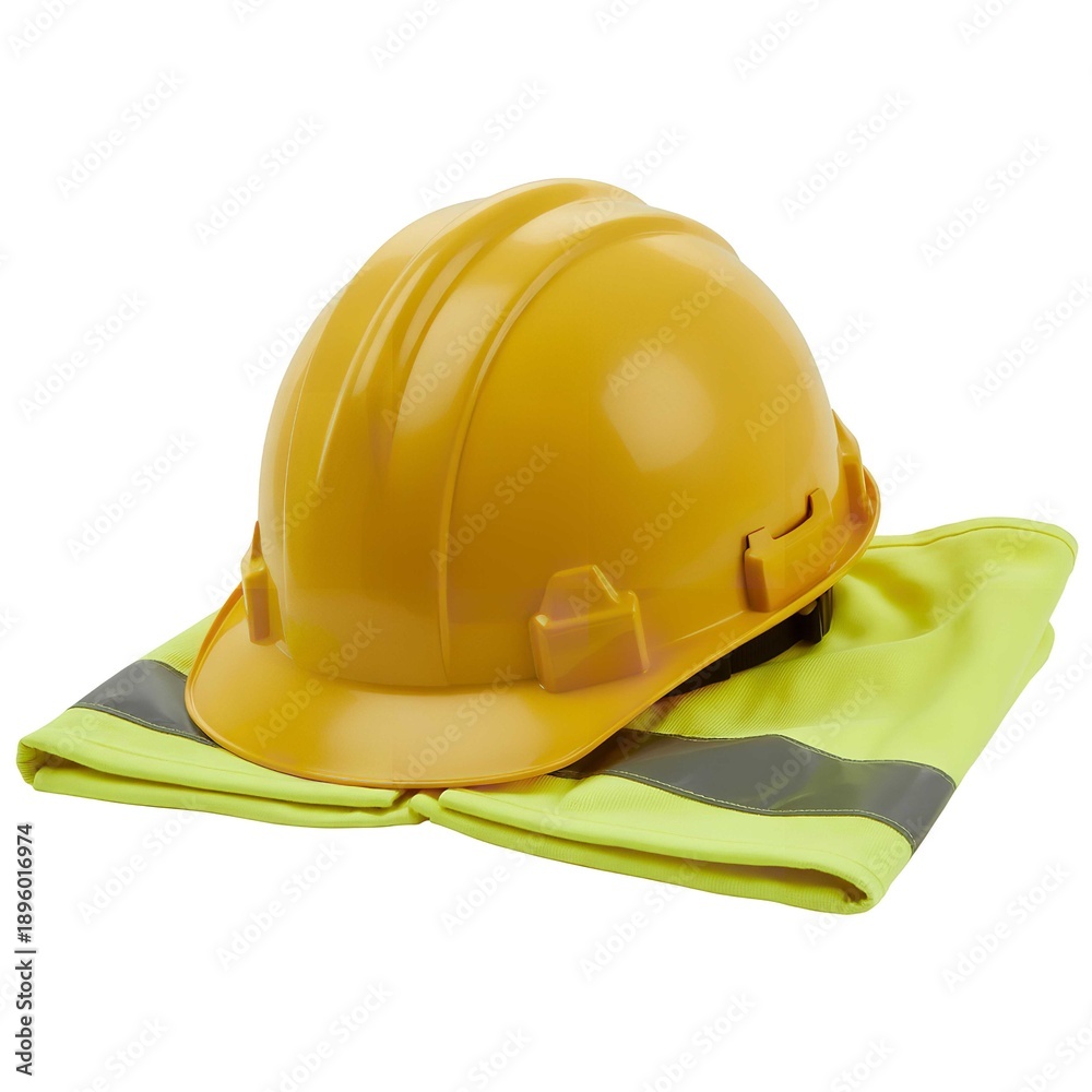 Fototapeta premium Bright yellow hard hat placed on top of a reflective safety vest against a clean white background