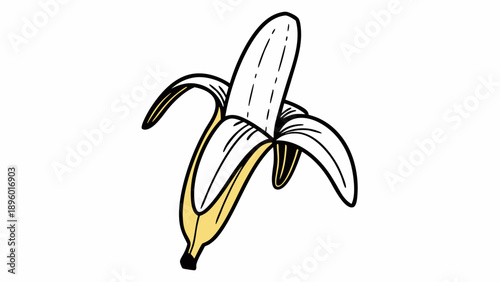 Illustration of a partially peeled banana with yellow peel and white fruit on a white background on transparent background silhouette