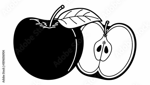 Illustration of a whole apple and a half apple with a leaf in black and white design style on transparent background silhouette