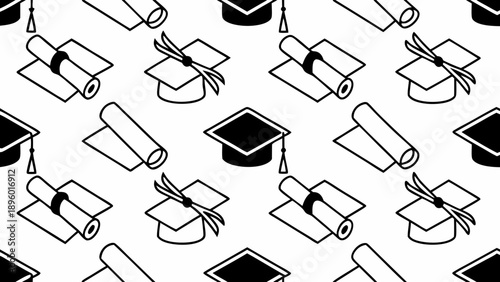 Seamless pattern of graduation caps and diplomas in black and white isometric style illustration on transparent background silhouette