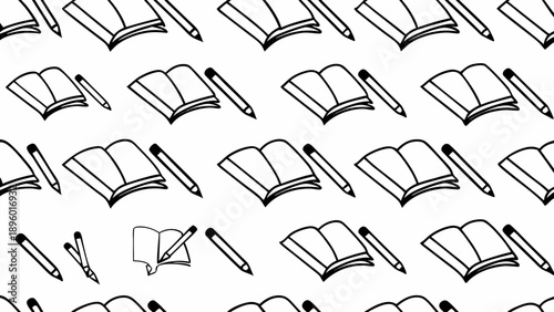 A seamless pattern of open books and pencils in a hand drawn doodle style on a white background surface on transparent background silhouette