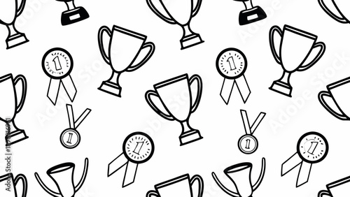 Seamless pattern featuring outlined trophies and first place medals scattered across a white background on transparent background silhouette
