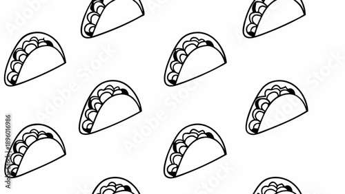 Seamless pattern of simple outlined tacos in black and white on a plain background for a fun design on transparent background silhouette