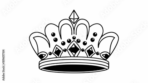 Illustration of a black and white outline drawing of a royal crown with gems and decorative elements on transparent background silhouette