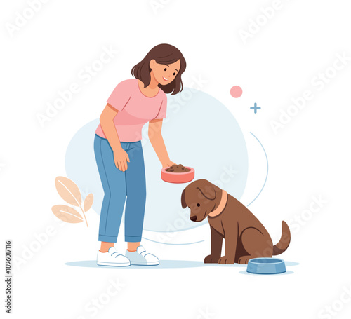 Woman feeding pet dog with food bowl, flat vector illustration