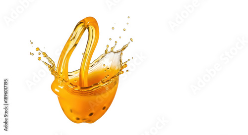 high-speed splash of vibrant orange-yellow liquid frozen in an elegant crown shape, surrounded by clear droplets and mist on a transparent background, energetic refreshment concept