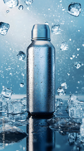 Dynamic shot of a metallic water bottle covered in water droplets and surrounded by splashing water and ice cubes on blue.